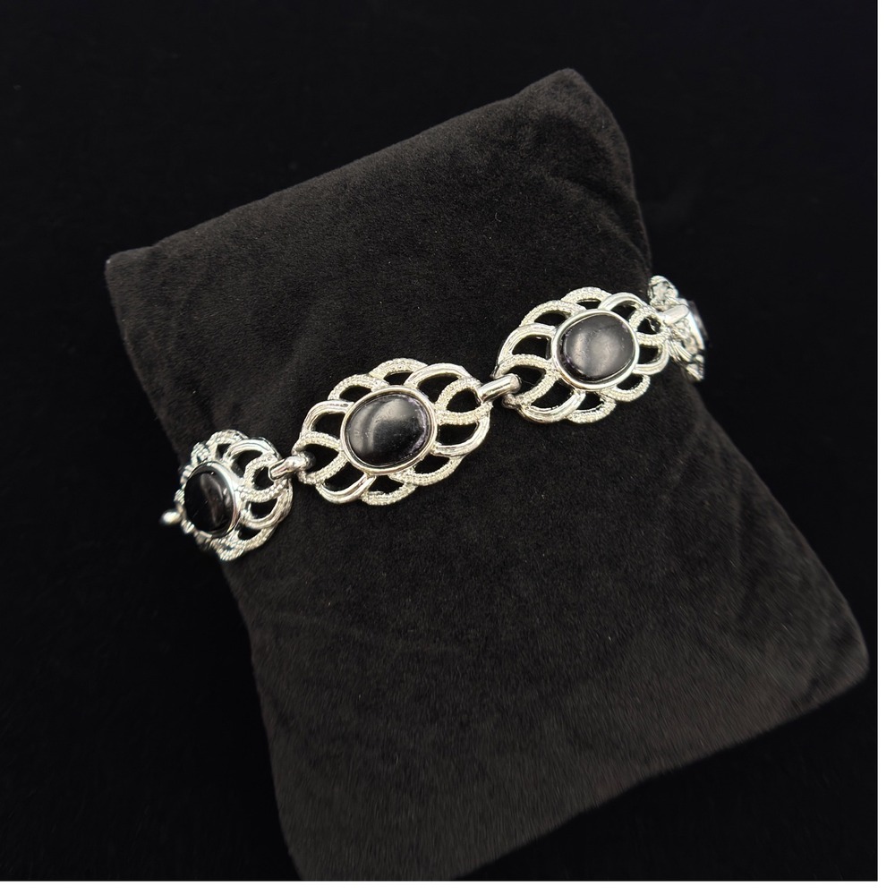 Vintage Sarah Cov Silver Tone "Black Reflections" Panel Bracelet Costume Jewelry